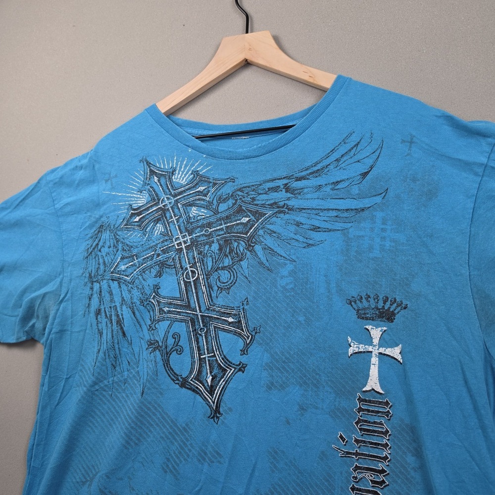 Y2K Salvation Winged Cross Graphic Tee Mens L Turquoise Blue Gothic Grunge Shirt